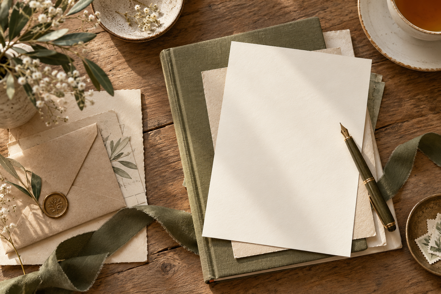 Olive notebook, cream stationery, and a cup of tea on a sunlit desk